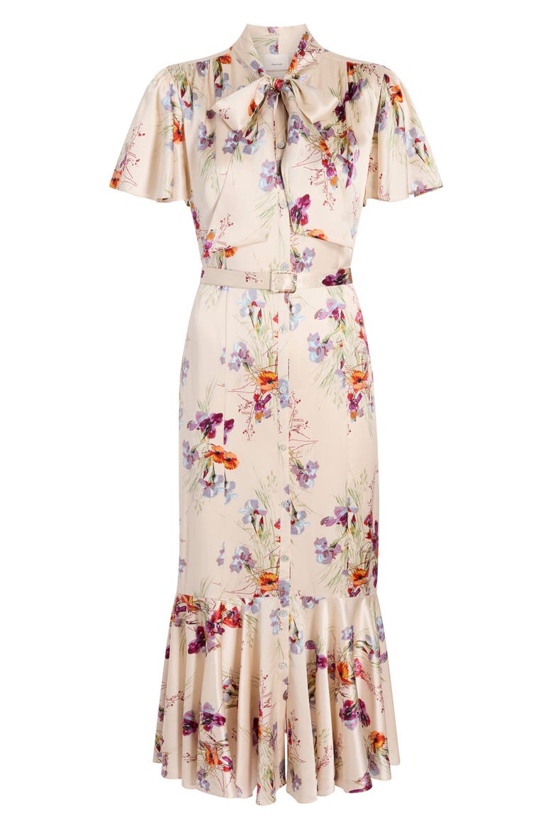 Iris Bouquet Willow Tie Neck Midi Dress, Alternate, color, OATMILK MULTI