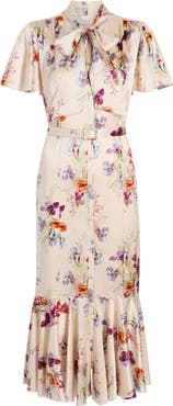 Cinq à Sept Iris Bouquet Willow Tie Neck Midi Dress