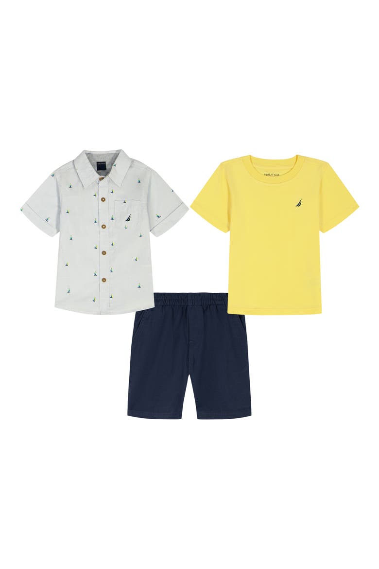 Kids' Short Sleeve Button-Up Shirt, T-Shirt & Shorts Set, Main, color, YELLOW MULTI
