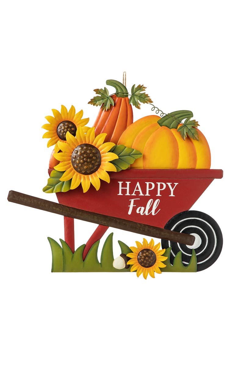 Glitzhome Fall Metal Wheel Barrow Pumpkin Yard Stake, Alternate, color, Orange
