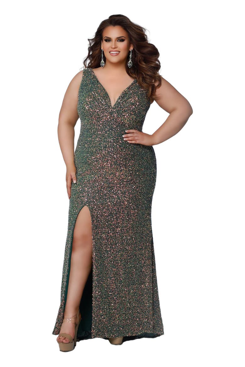 Fitted V-Neck Multi-Dimensional Sequin Sleeveless Plus Size Gown, Main, color, Green Surge
