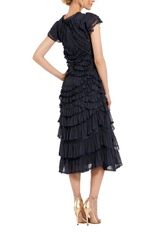 Mac Duggal Button Up Cap Sleeve Boucle A Line Midi Dress In Blue