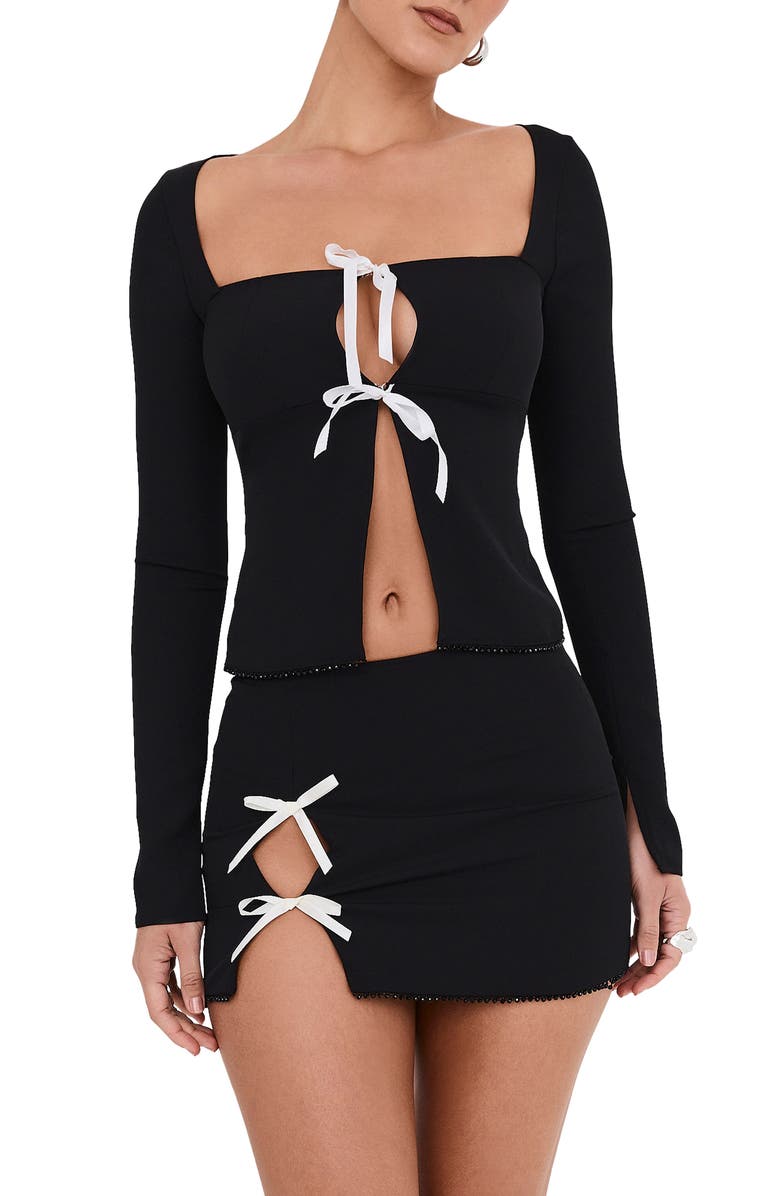 Mistress Rocks Contrast Bow Beaded Hem Miniskirt, Alternate, color, 