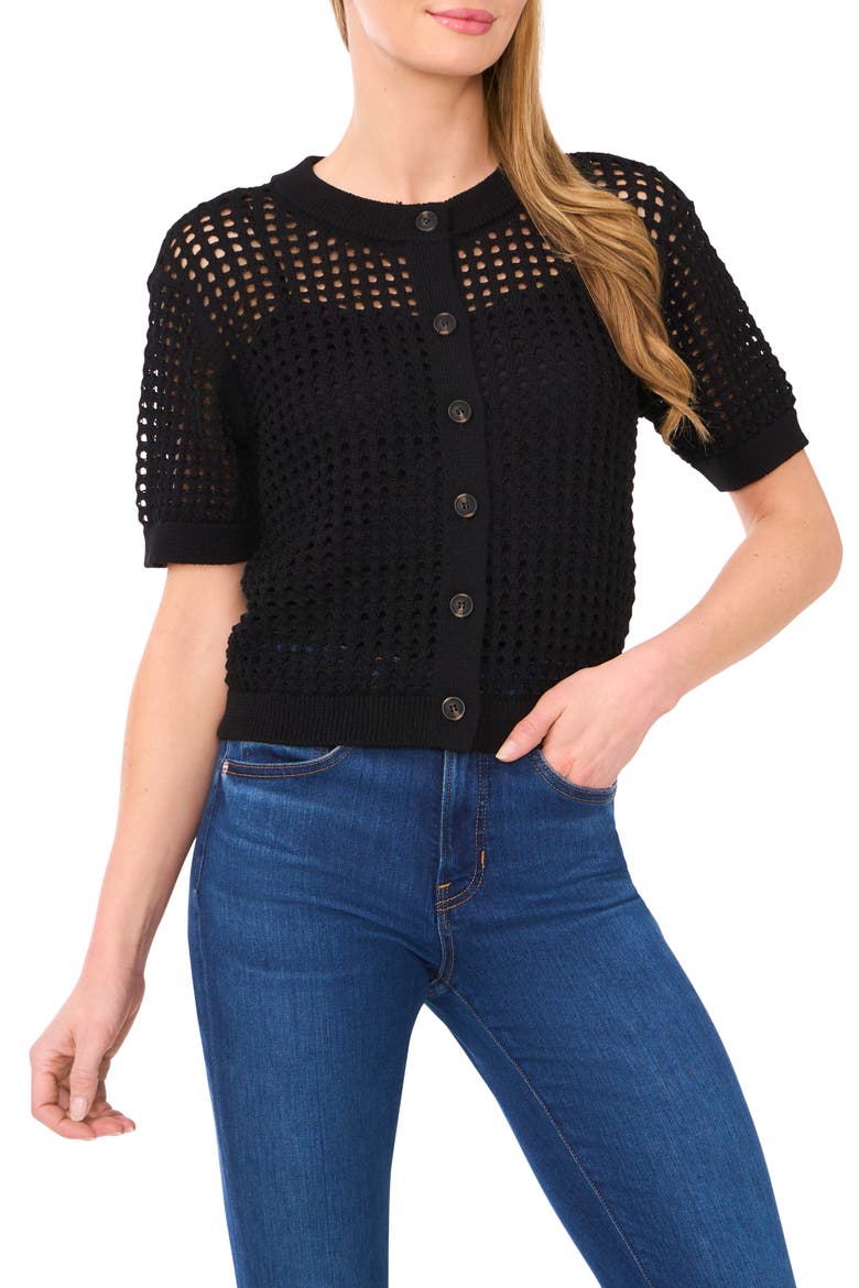 Open Stitch Short Sleeve Cardigan, Main, color, RICH BLACK