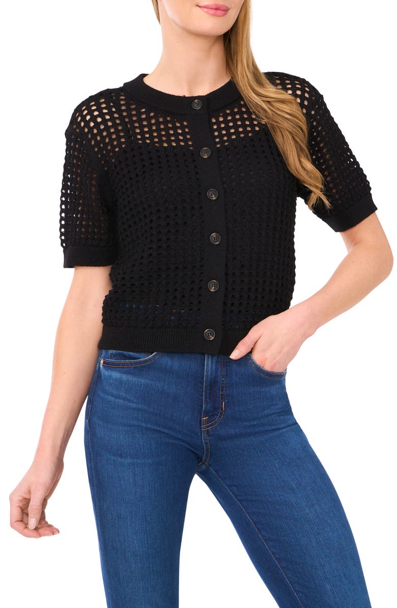 CeCe Open Stitch Short Sleeve Cardigan, Main, color,