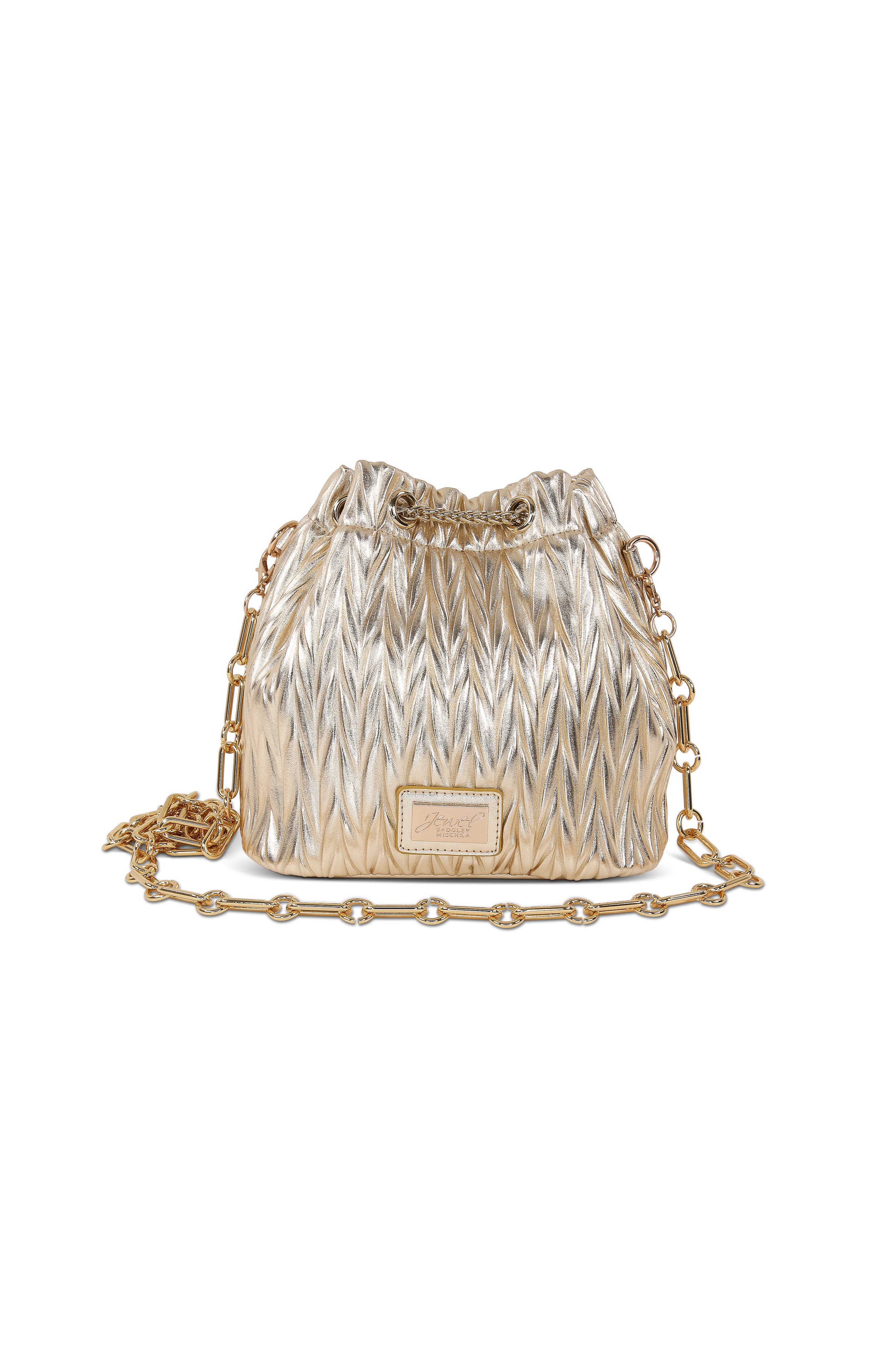 Jewel Badgley Mischka Diana Chevron Pleated Metallic Bucket Bag, Alternate, color, Gold