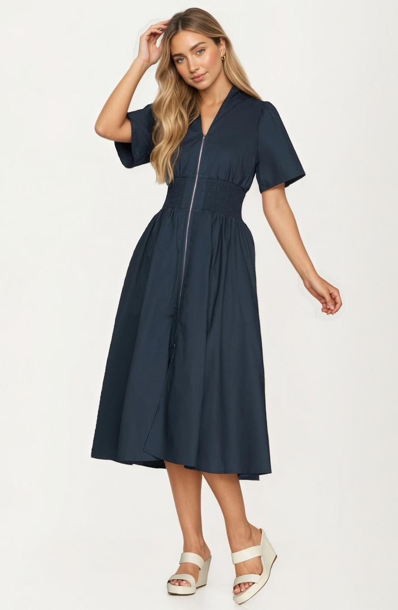 Knit and Lounge Zip-Front Smocked Waist Short Sleeve Midi Dress, Main, color, Navy