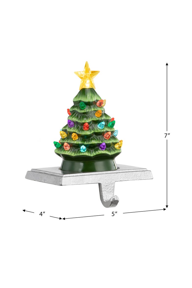 5 in. Lit Ceramic Green Tree Stocking Hanger, Alternate, color, Green