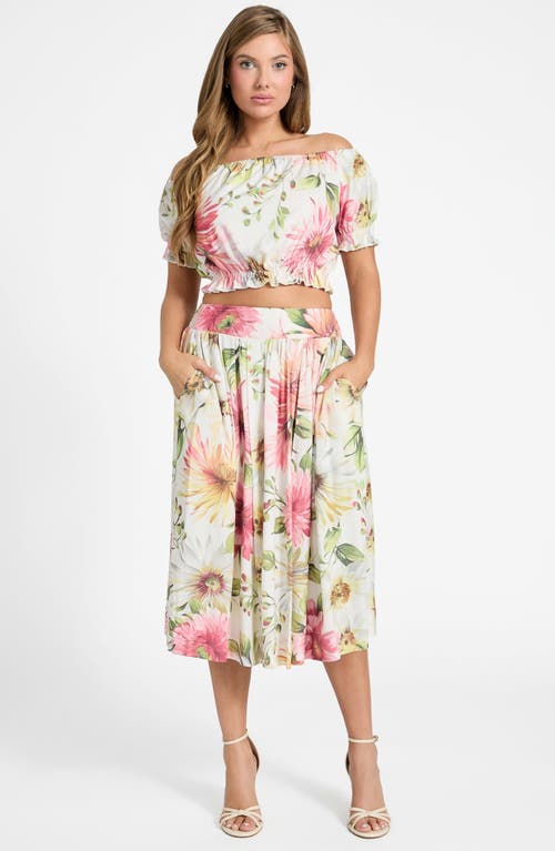 Guess Elodie Flare Midi Skirt In Painted Daisies Print