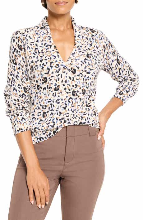 NIC+ZOE Cheetah Spot V-Neck Cotton Blend Sweater