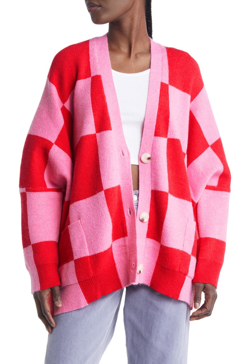 Love You Oversize Cardigan, Main, color, PINK RED CHECK