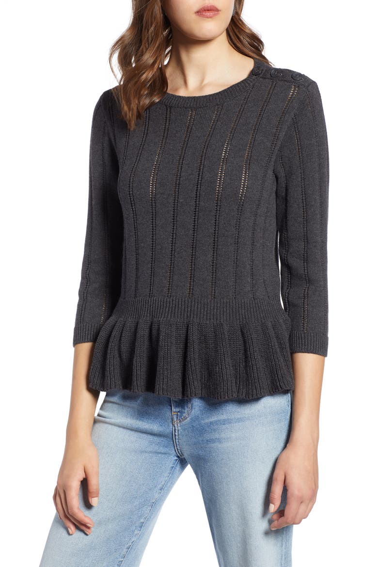 Cotton Pointelle Peplum Sweater, Main, color, CHARCOAL
