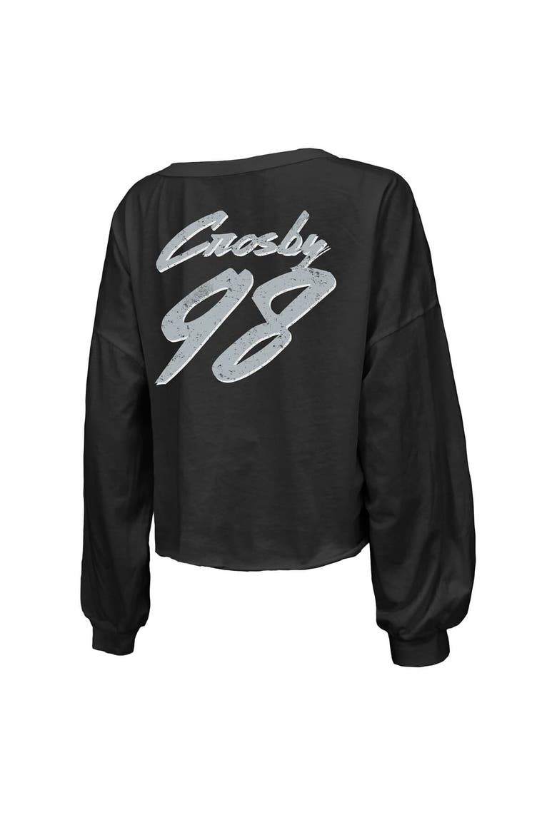 Women's Majestic Threads Maxx Crosby Black Las Vegas Raiders Off-Shoulder Script Player Name & Number Cropped Long Sleeve V-Neck T-Shirt, Alternate, color, Black