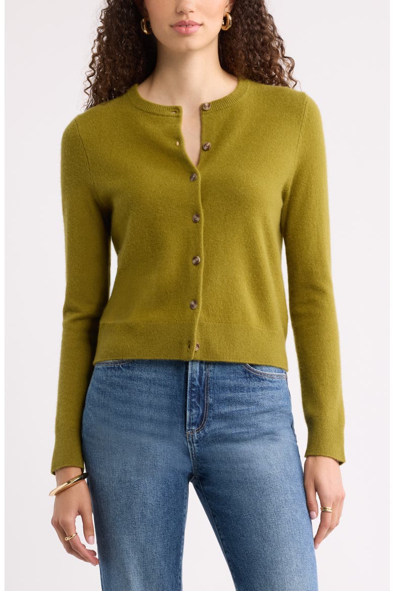Cashmere Crewneck Cardigan, Main, color, OLIVE WOODLAND