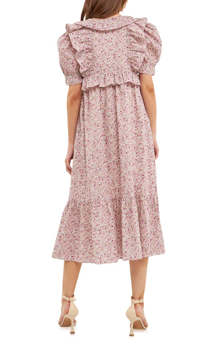 English Factory Floral Print Ruffle Trim Cotton Midi Dress, Alternate, color, 
