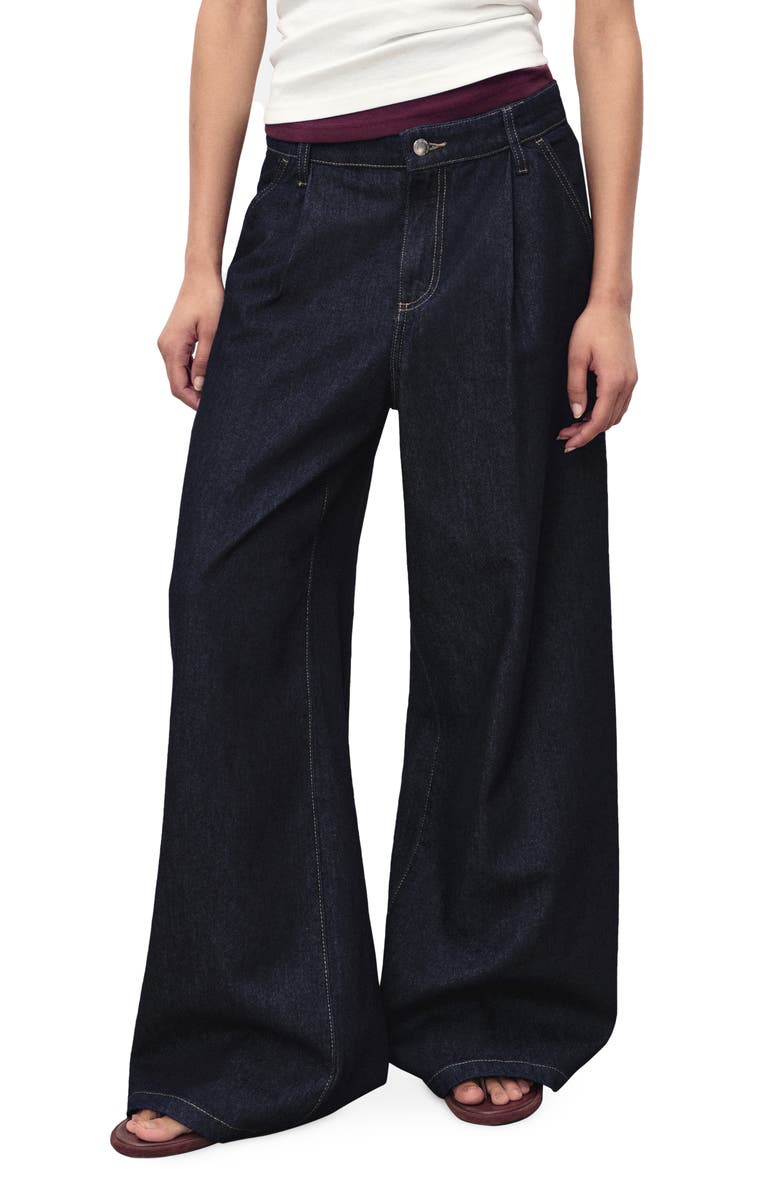 MANGO Pleated Wide Leg Jeans, Main, color, Dark Blue