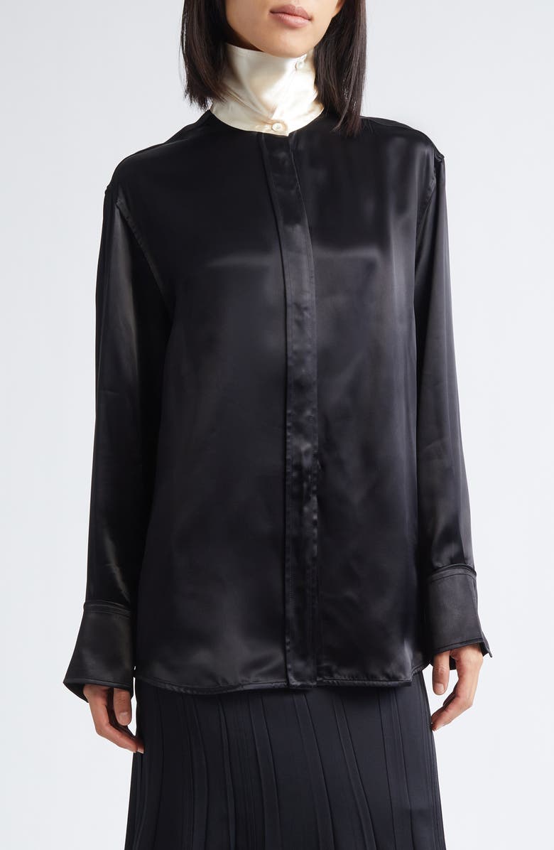 Jil Sander Relaxed Fluid Satin Button-Up Shirt, Main, color, Black