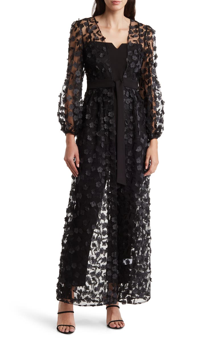 Julia Jordan Floral Overlay Jacket & Belted Jumpsuit, Main, color, Black
