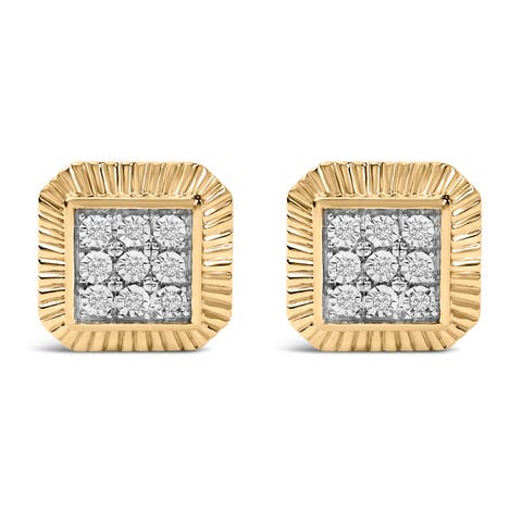 10K Yellow Gold Plated Silver 1/6 Cttw Diamond Textured Halo Stud Earrings