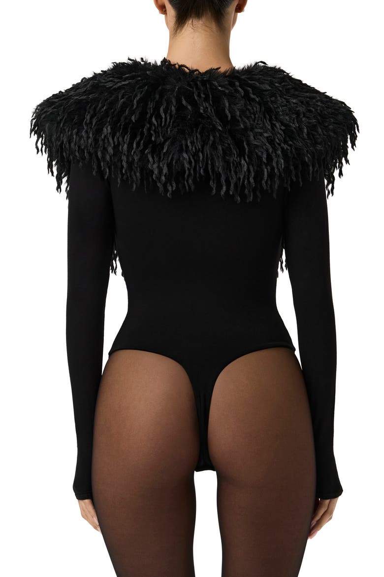 Butter Long Sleeve Bodysuit with Feather Collar, Alternate, color, BLACK