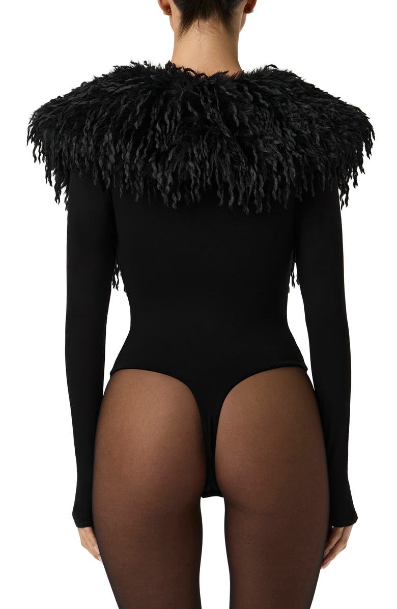 Naked Wardrobe Butter Long Sleeve Bodysuit with Feather Collar, Alternate, color, Black