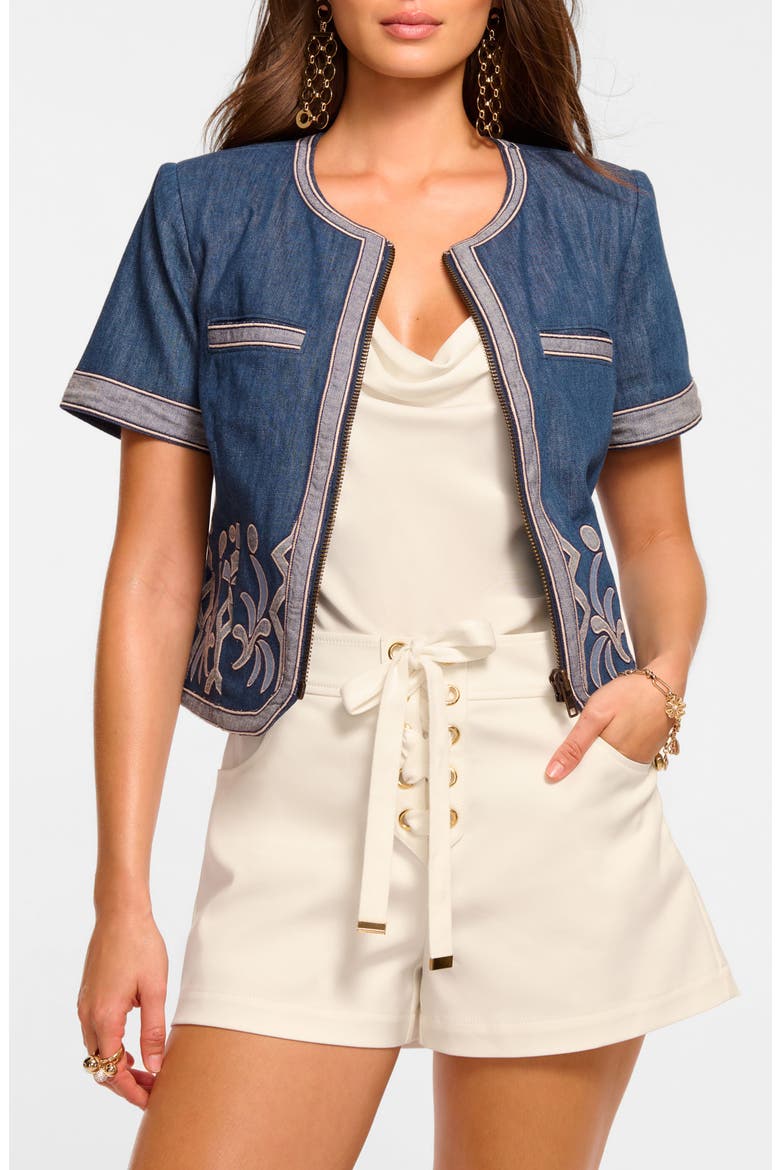 Nicko Short Sleeve Denim Jacket, Alternate, color, TONAL EMBROIDERED DENIM