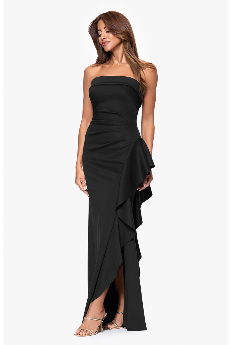 Ruffle Strapless Scuba Crepe Gown, Alternate, color, BLACK