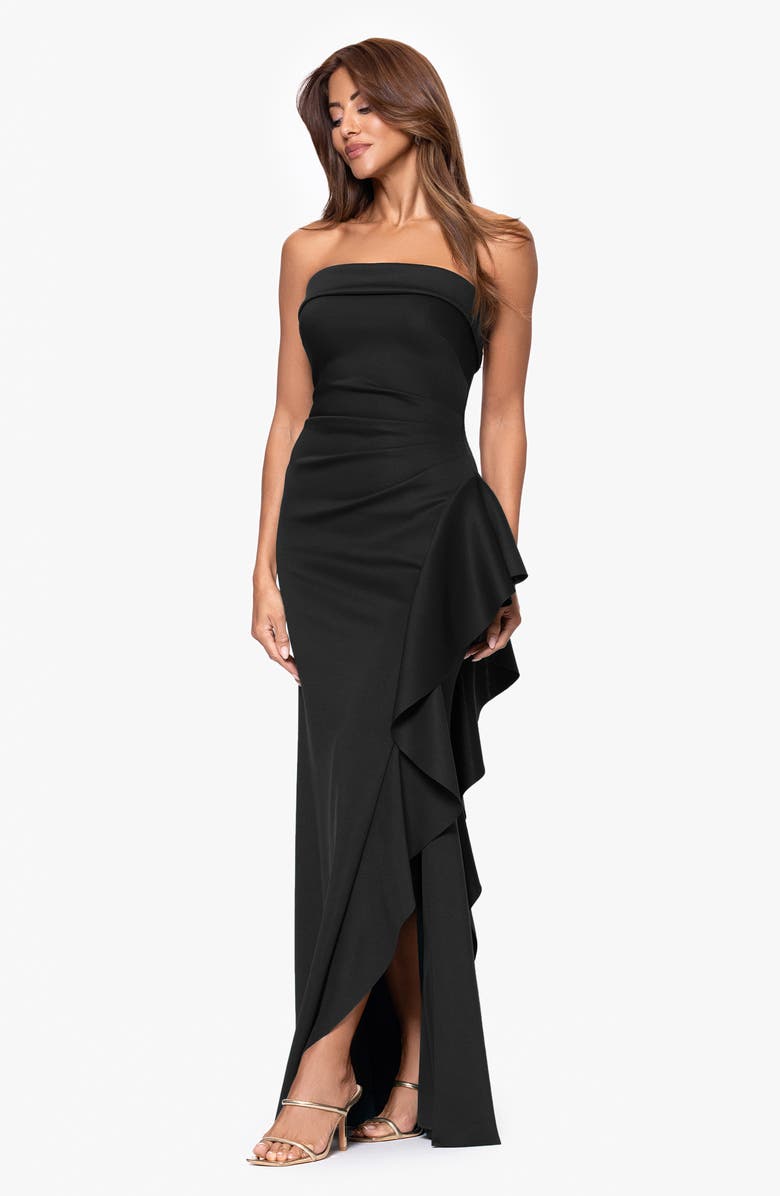 Xscape Evenings Ruffle Strapless Scuba Crepe Gown, Alternate, color, Black