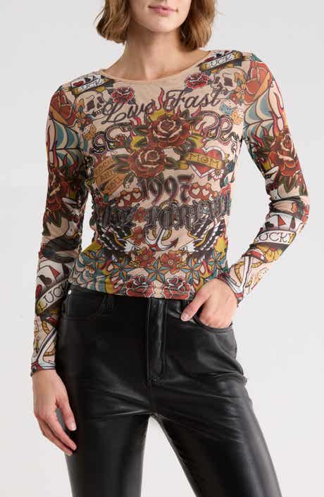 Madden Girl Tattoo Print Mesh Long Sleeve Top