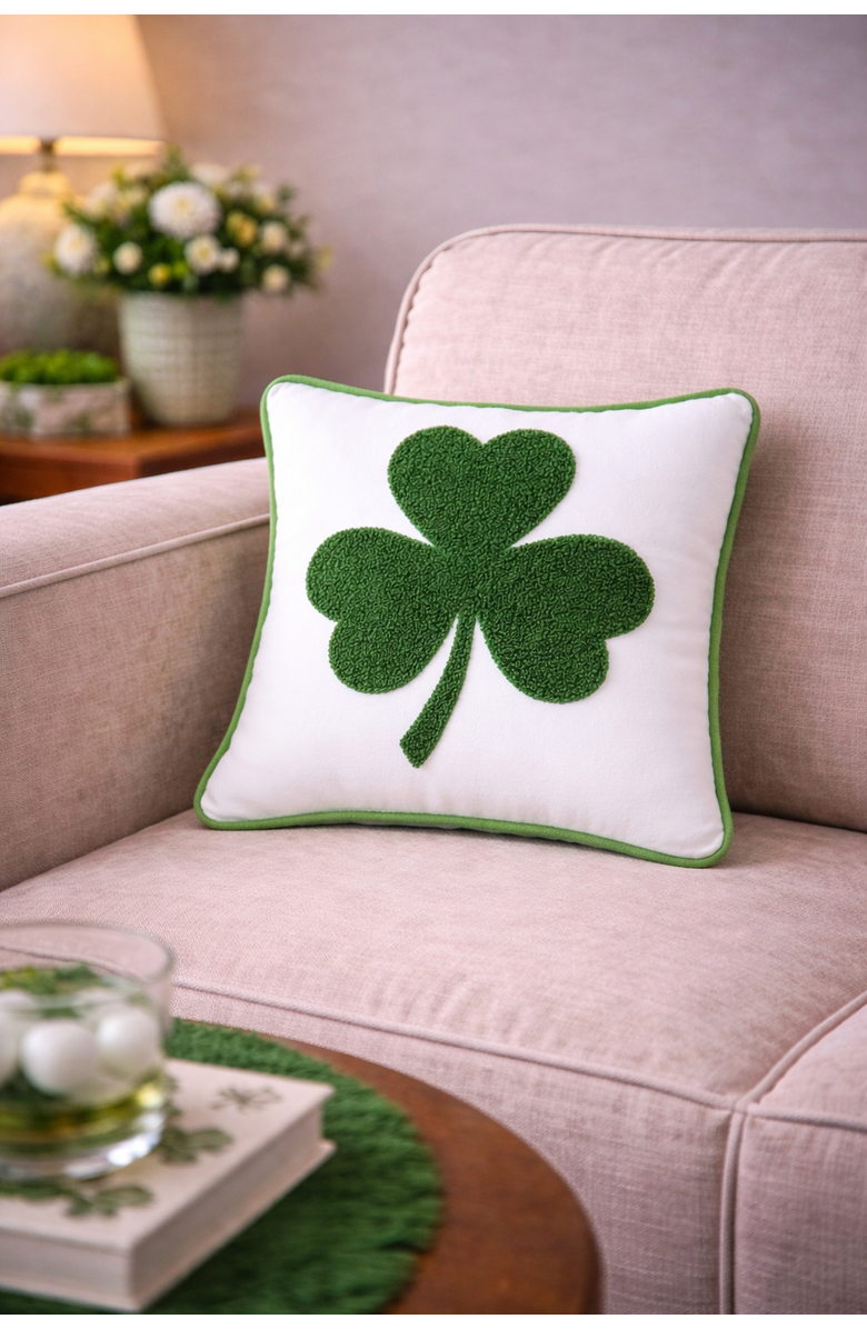 C&F Home 3 Leaf Clover St. Patrick's Day Hooked Mini Accent Pillow 10" x 10", Alternate, color, Green