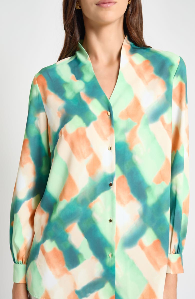 Misook Abstract Print Crêpe de Chine Stand Collar Button-Up Shirt, Alternate, color, Pale Green/Multi