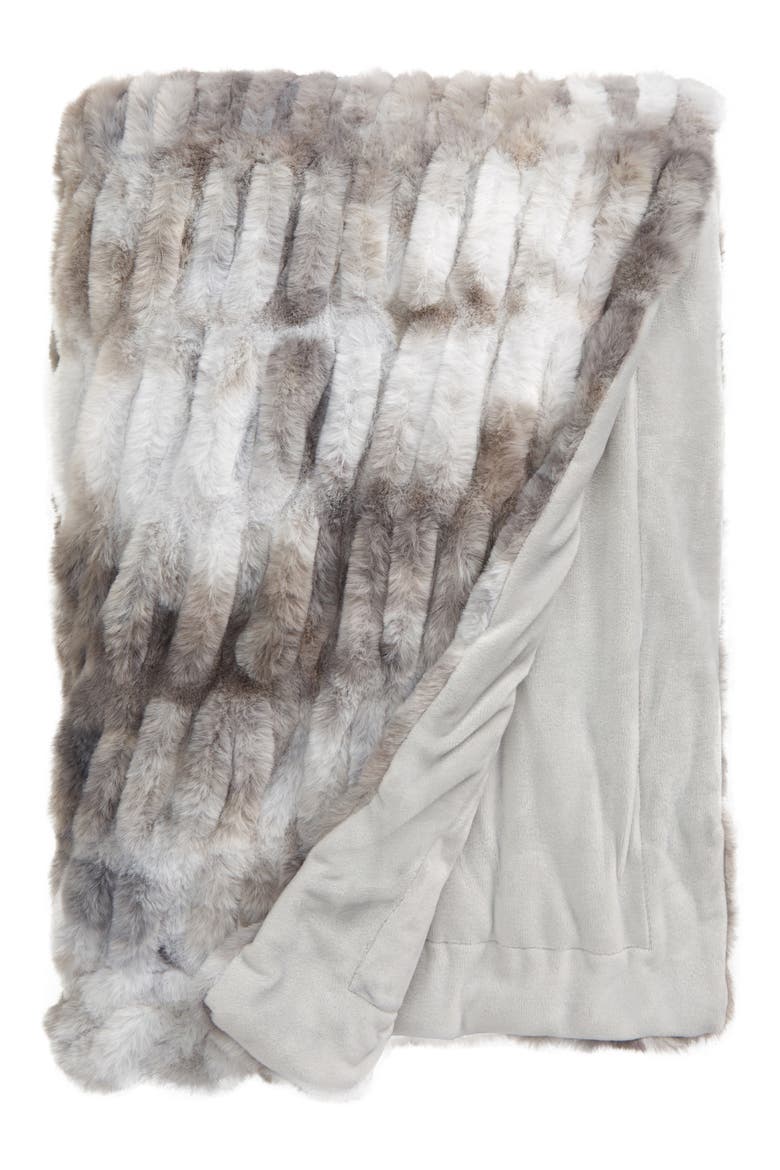 Ruched Faux Fur Throw Blanket, Main, color, GREY DRIZZLE MULTI
