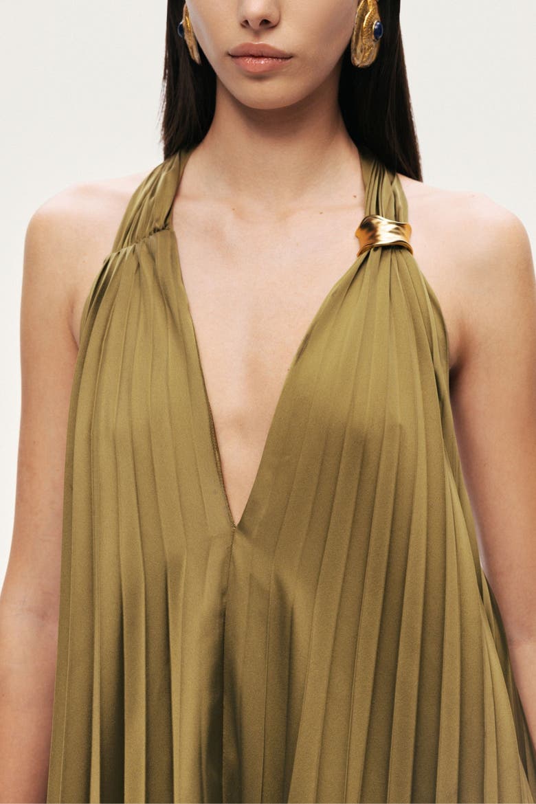 Pleated Halter Maxi Dress, Alternate, color, Khaki