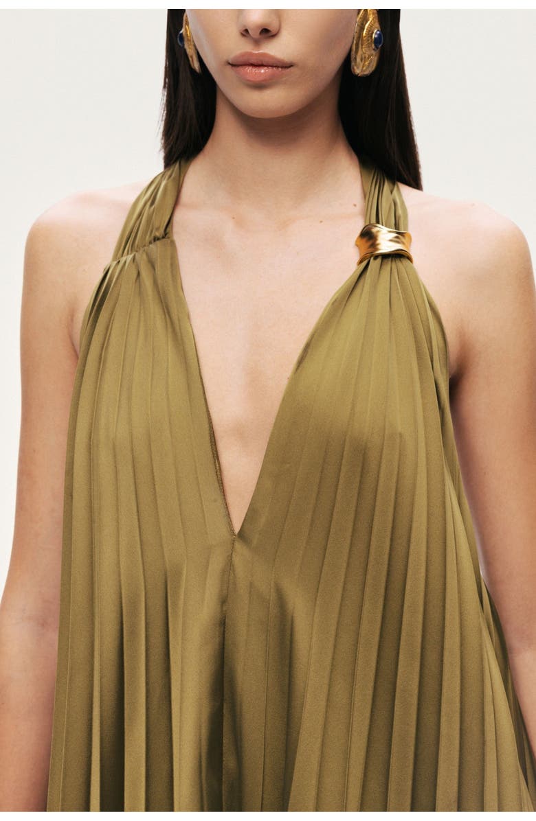 Nocturne Pleated Halter Maxi Dress, Alternate, color, Khaki