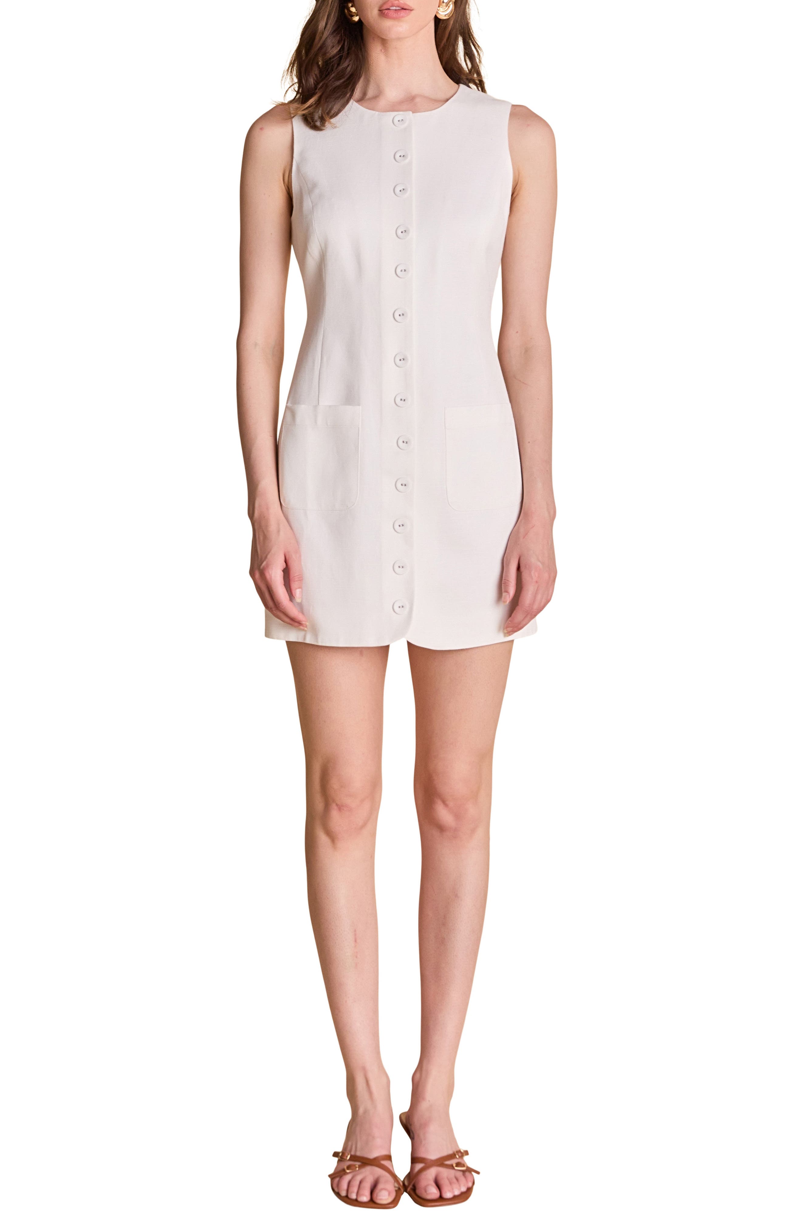 Button Front Sleeveless Linen Blend Minidress