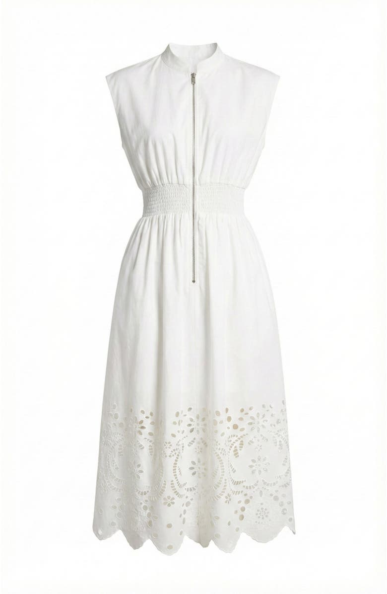 Modenaire Cap Sleeve Smocked Front Zip Midi Dress, Alternate, color, White