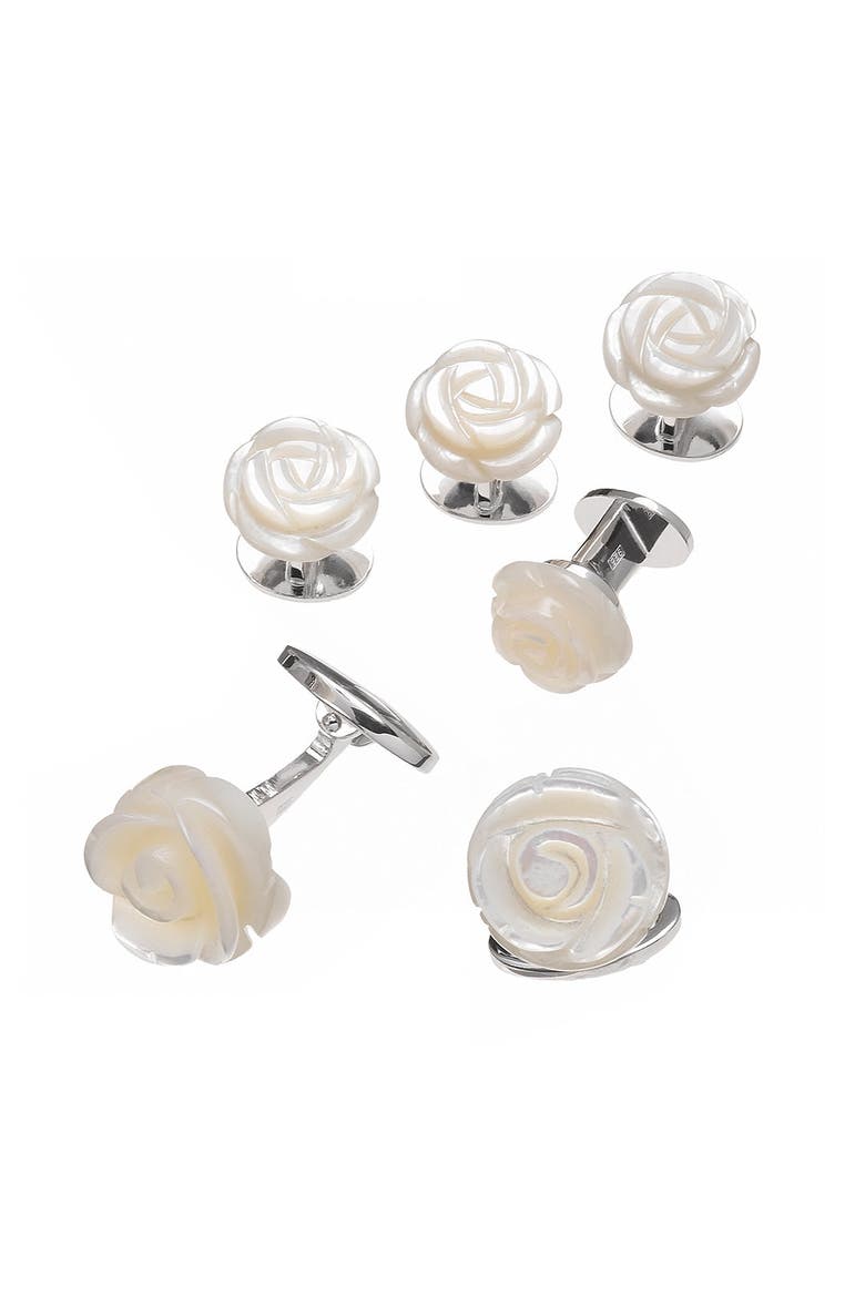 Rose Carved Sterling Cufflinks and Stud Sets, Main, color, WHITE
