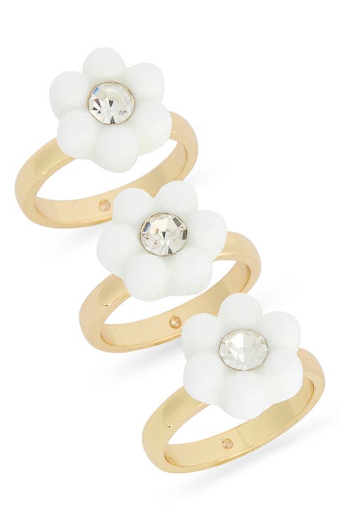 Set of 3 Crystal & Resin Flower Rings