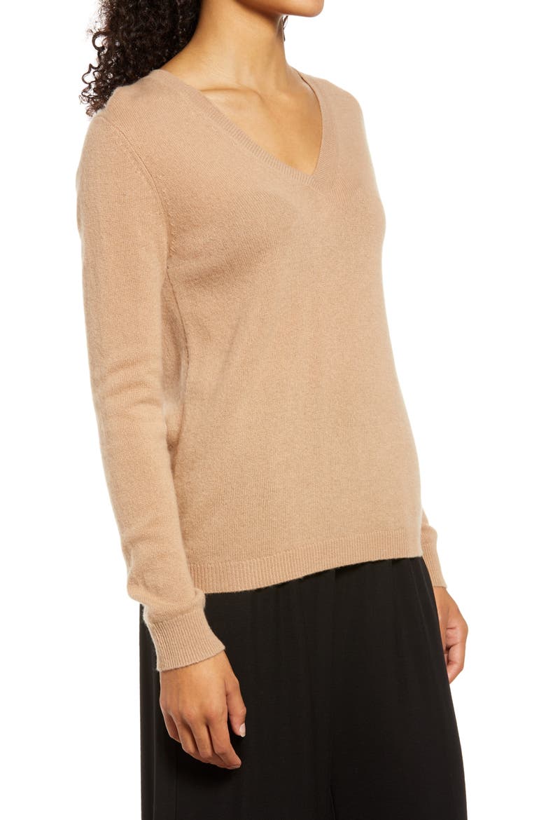 Cashmere Essential V-Neck Sweater, Alternate, color, CAMEL