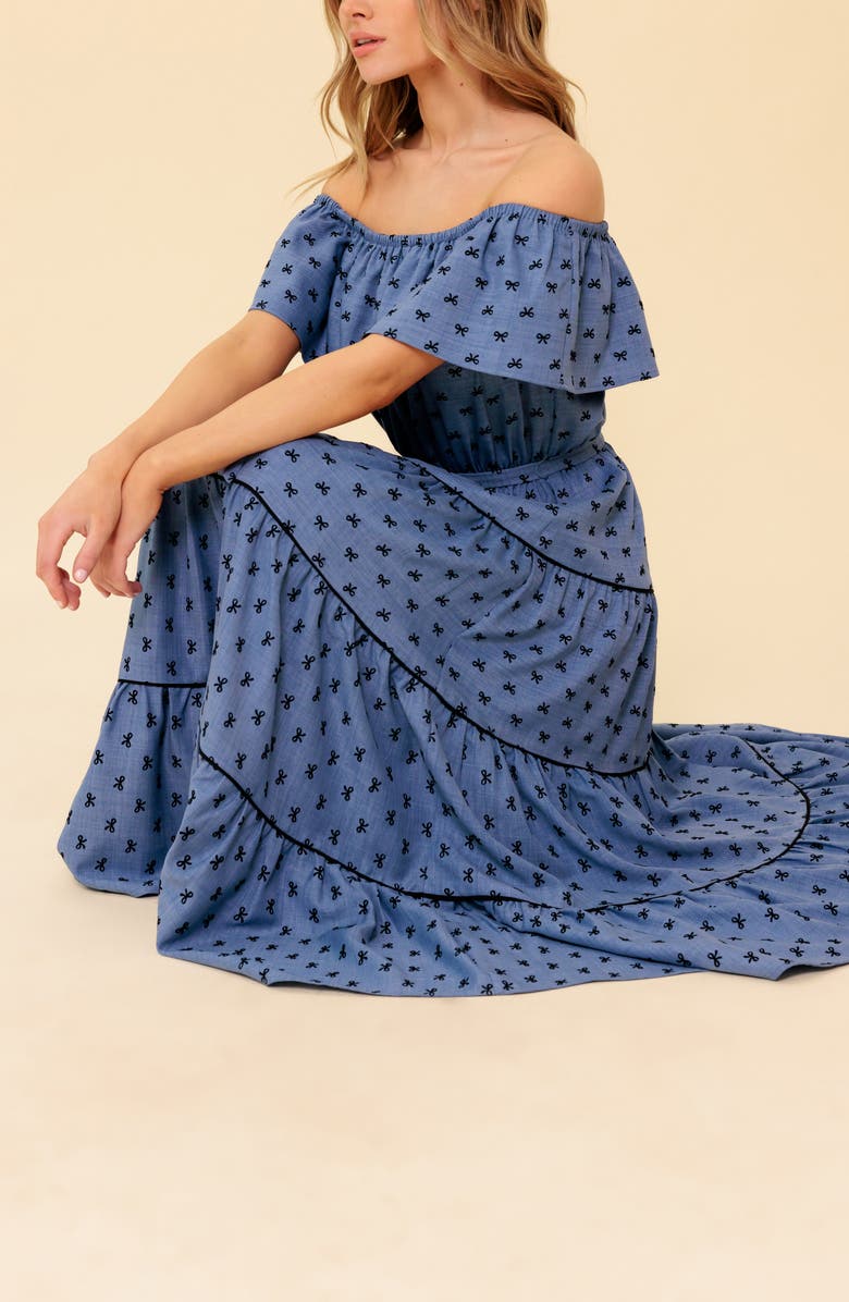 FLYING TOMATO Off the Shoulder Tiered Chambray Maxi Dress, Alternate, color, Chambray