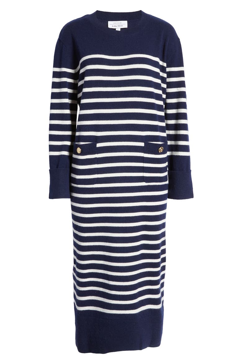 Breton Stripe Long Sleeve Wool Midi Sweater Dress, Alternate, color, NAVY STRIPE