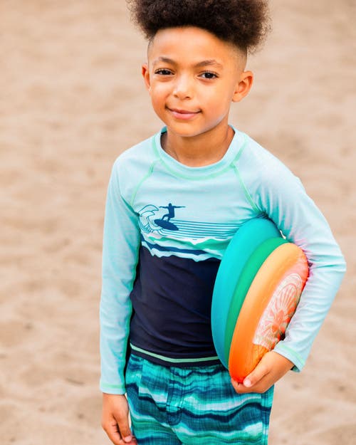 Deux Par Deux Little Boy's Long Sleeve Rashguard Navy Blue And Turquoise In Navy Blue And Turquoise