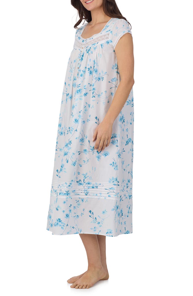 Eileen West Cap Sleeve Cotton Lawn Ballet Nightgown, Alternate, color, Aqua Floral White