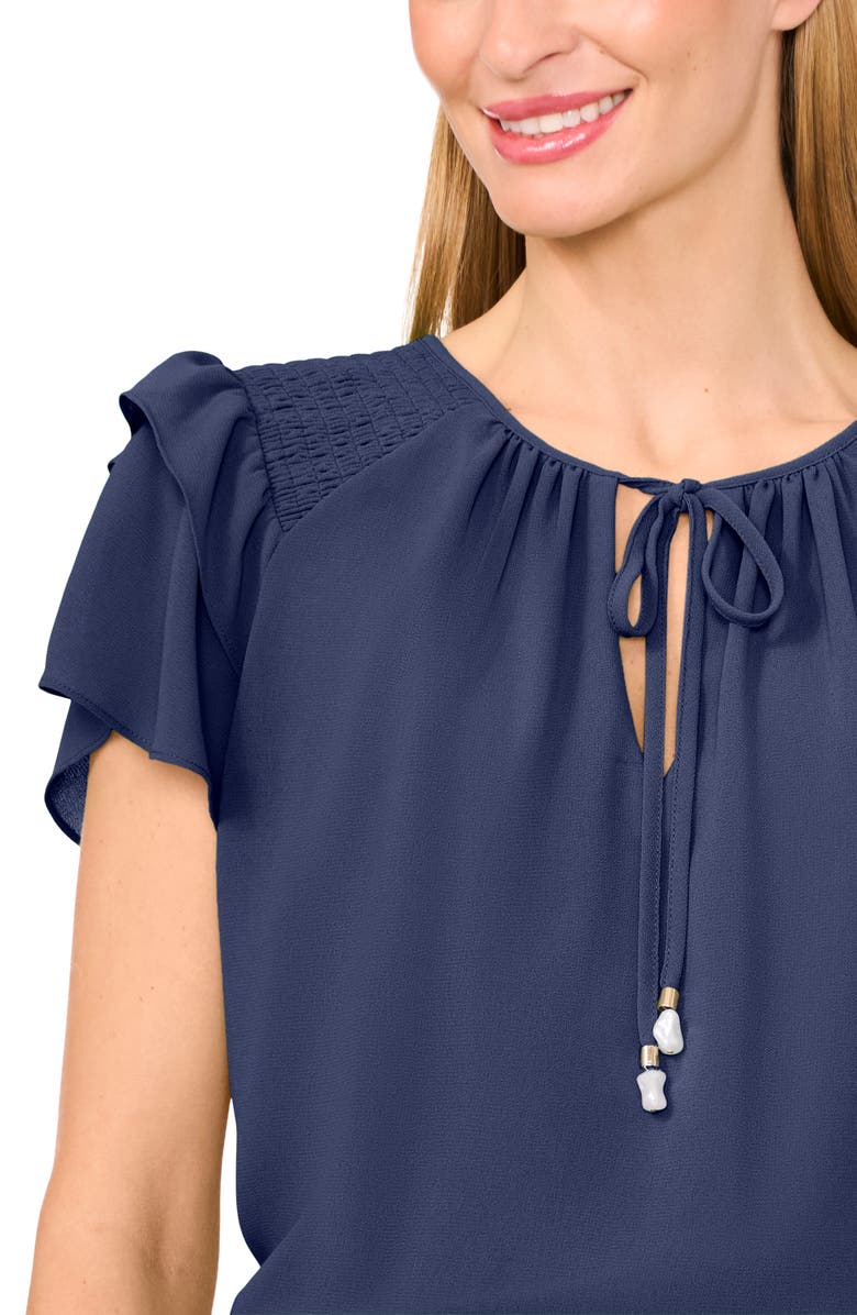 CeCe Tie Neck Flutter Sleeve Top, Alternate, color, Classic Navy