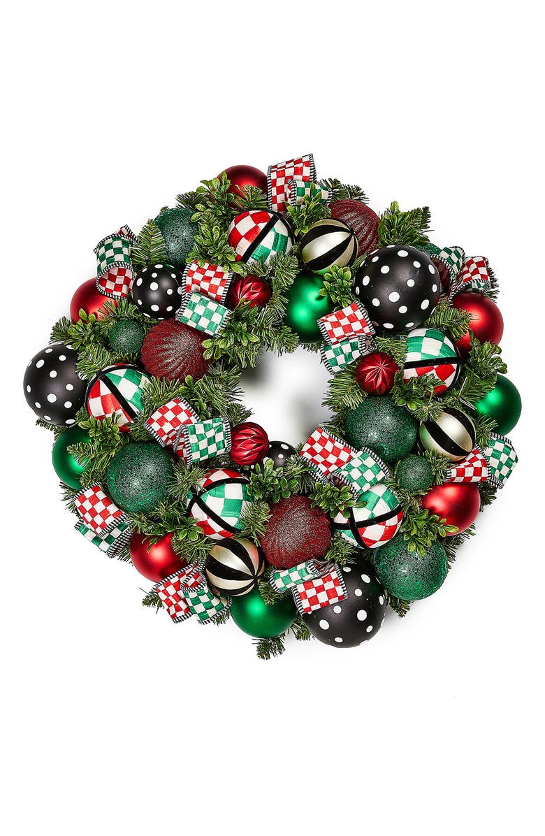 MACKENZIE CHILDS Check It Out Illuminated Holiday Wreath, Main, color, Green