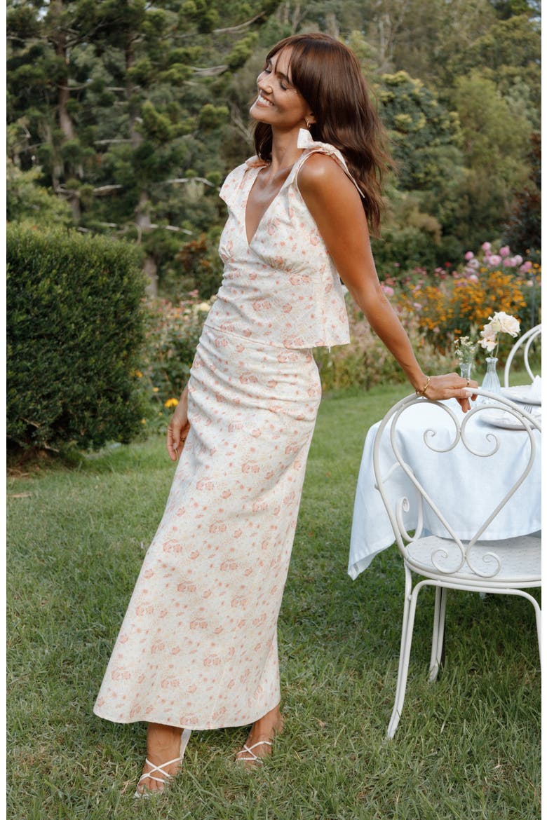 Giarda Floral Print Crinkle Linen Blend Maxi Skirt, Alternate, color, PEACH DITSY FLORAL