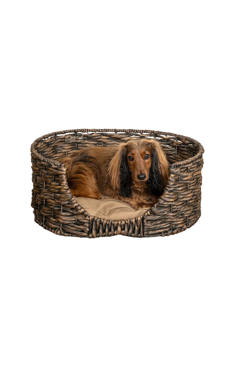 The Licker Store Perri 24" x 18" Classic Farmhouse Handwoven Hyacinth Oval Pet Bed, Machine-Washable Cushion, Alternate, color, Brown