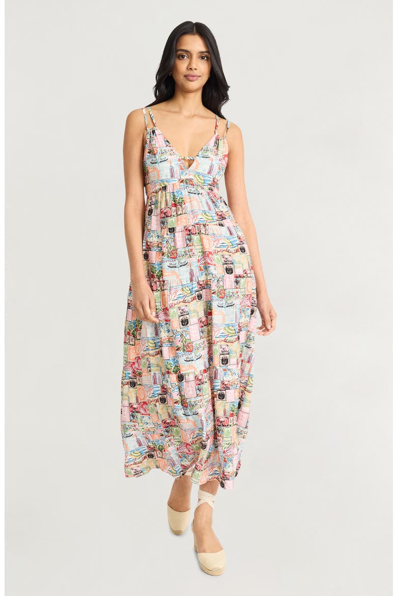 Postcard Print Empire Waist Maxi Dress, Alternate, color, PEACH/ GREEN