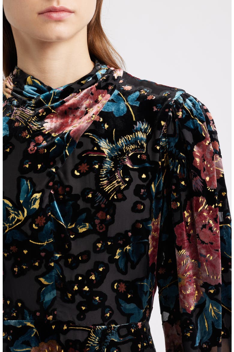 The Becca Long Sleeve Floral Velvet Burnout Midi Dress, Alternate, color, BLACK/ BIRDS OF PARADISE
