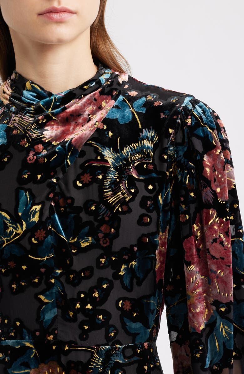 Elie Tahari The Becca Long Sleeve Floral Velvet Burnout Midi Dress, Alternate, color, Black/ Birds Of Paradise